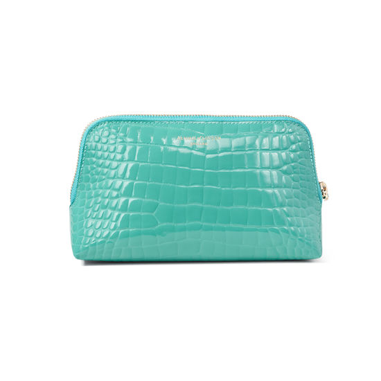 Small Essential Cosmetic Case in Chalkhill Blue Patent Croc from Aspinal of London