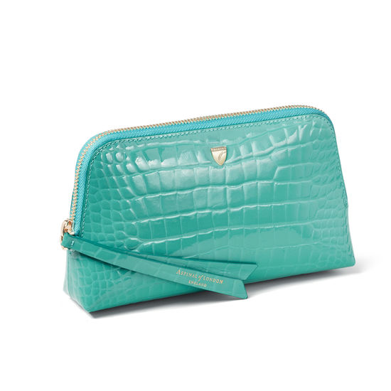 Small Essential Cosmetic Case in Chalkhill Blue Patent Croc from Aspinal of London