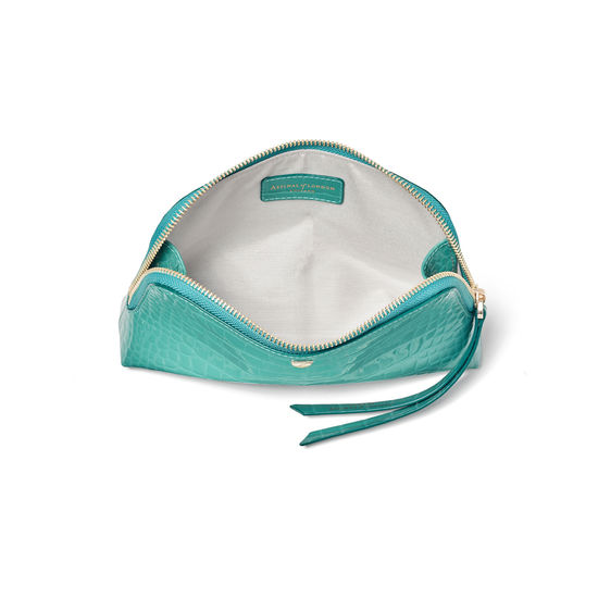 Small Essential Cosmetic Case in Chalkhill Blue Patent Croc from Aspinal of London