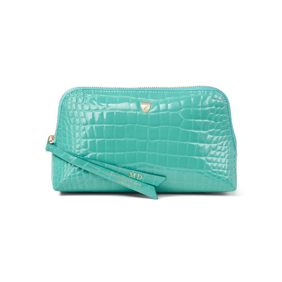 Small Essential Cosmetic Case in Chalkhill Blue Patent Croc from Aspinal of London