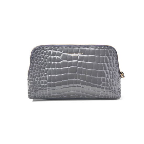 Small Essential Cosmetic Case in Storm Patent Croc from Aspinal of London