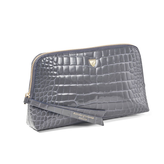 Small Essential Cosmetic Case in Storm Patent Croc from Aspinal of London
