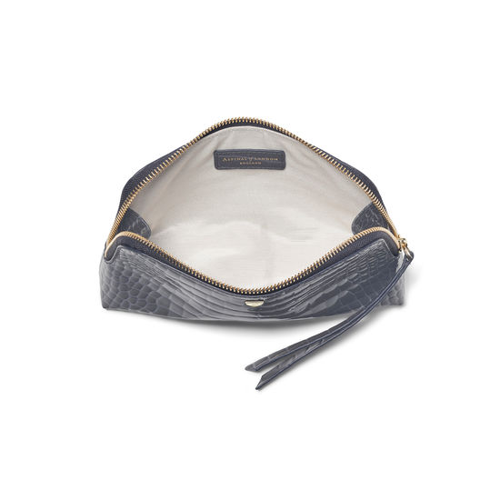 Small Essential Cosmetic Case in Storm Patent Croc from Aspinal of London