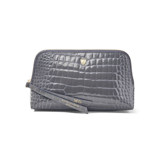 Small Essential Cosmetic Case in Storm Patent Croc from Aspinal of London