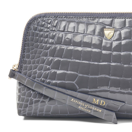 Small Essential Cosmetic Case in Storm Patent Croc from Aspinal of London