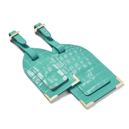 Set of 2 Luggage Tags in Chalkhill Blue Patent Croc from Aspinal of London