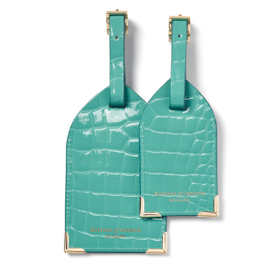 Set of 2 Luggage Tags in Chalkhill Blue Patent Croc from Aspinal of London