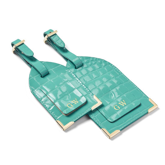 Set of 2 Luggage Tags in Chalkhill Blue Patent Croc from Aspinal of London