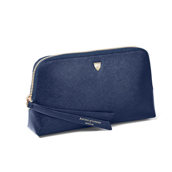 Small Essential Cosmetic Case in Navy Saffiano from Aspinal of London
