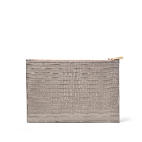 Large Essential Flat Pouch in Deep Shine Warm Grey Small Croc from Aspinal of London