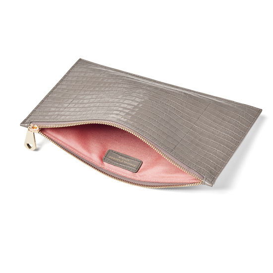 Large Essential Flat Pouch in Deep Shine Warm Grey Small Croc from Aspinal of London