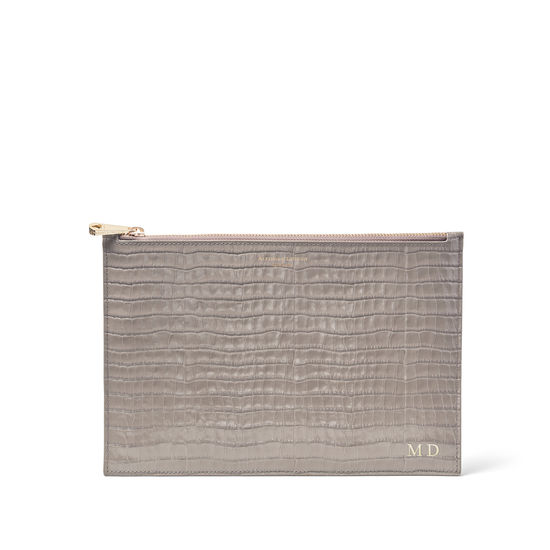 Large Essential Flat Pouch in Deep Shine Warm Grey Small Croc from Aspinal of London