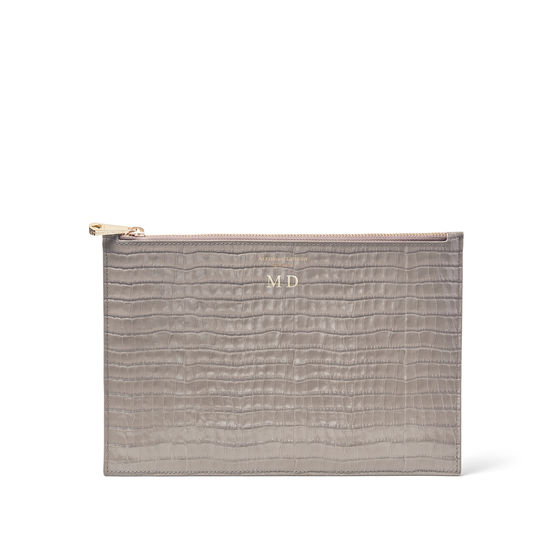 Large Essential Flat Pouch in Deep Shine Warm Grey Small Croc from Aspinal of London