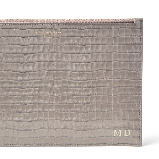 Large Essential Flat Pouch in Deep Shine Warm Grey Small Croc from Aspinal of London