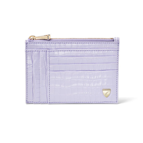 Double Sided Zipped Card & Coin Holder in Deep Shine English Lavender Small Croc from Aspinal of London