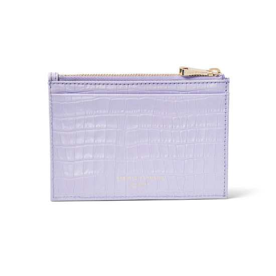 Double Sided Zipped Card & Coin Holder in Deep Shine English Lavender Small Croc from Aspinal of London