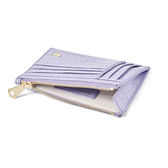 Double Sided Zipped Card & Coin Holder in Deep Shine English Lavender Small Croc from Aspinal of London