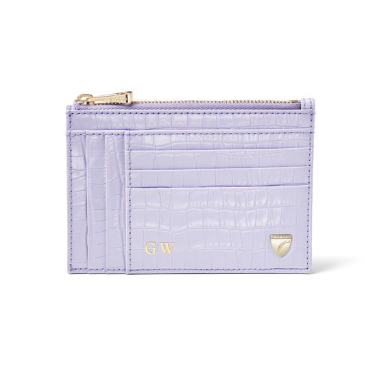 Double Sided Zipped Card & Coin Holder in Deep Shine English Lavender Small Croc from Aspinal of London