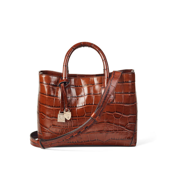 Midi London Tote in Deep Shine Brown Soft Croc from Aspinal of London