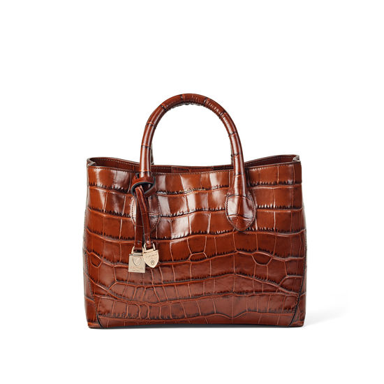 Midi London Tote in Deep Shine Brown Soft Croc from Aspinal of London