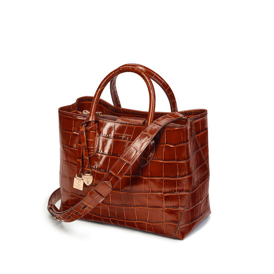 Midi London Tote in Deep Shine Brown Soft Croc from Aspinal of London