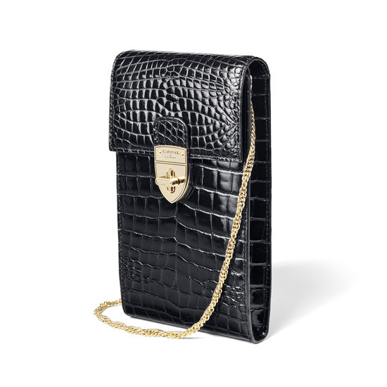 Mayfair Phone Case in Black Patent Croc from Aspinal of London
