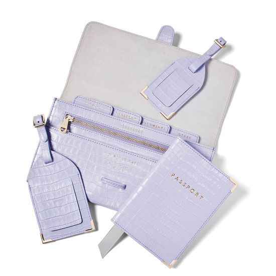 Travel Collection with Removable Inserts in Deep Shine English Lavender Croc from Aspinal of London