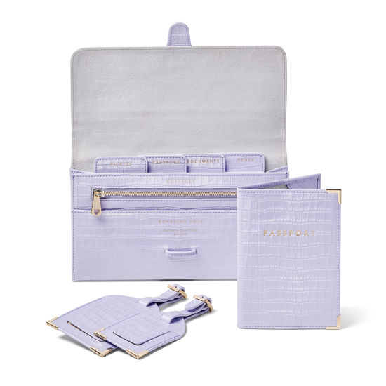 Travel Collection with Removable Inserts in Deep Shine English Lavender Croc from Aspinal of London