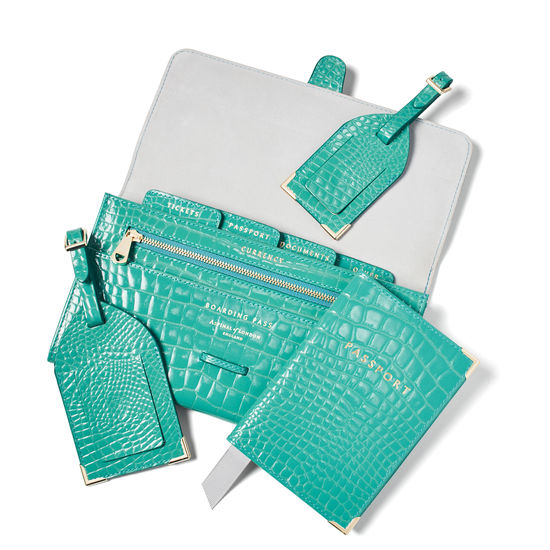 Travel Collection with Removable Inserts in Chalkhill Blue Patent Croc from Aspinal of London