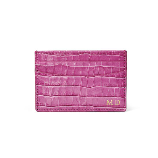 Slim Credit Card Case in Deep Shine Hibiscus Small Croc from Aspinal of London