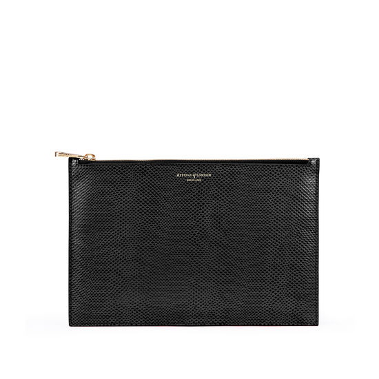 Large Essential Flat Pouch in Black Lizard from Aspinal of London