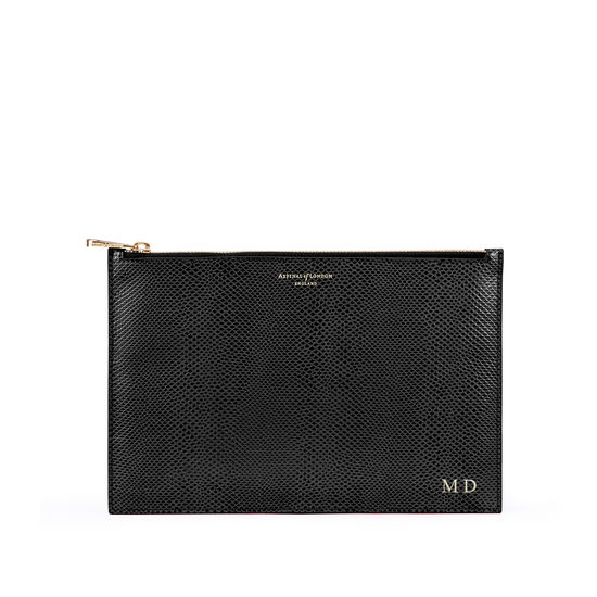 Large Essential Flat Pouch in Black Lizard from Aspinal of London