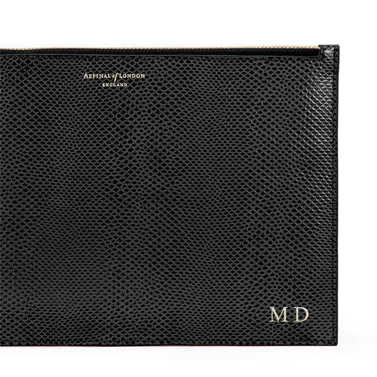 Large Essential Flat Pouch in Black Lizard from Aspinal of London