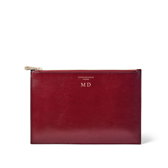 Large Essential Flat Pouch in Bordeaux Silk Lizard from Aspinal of London