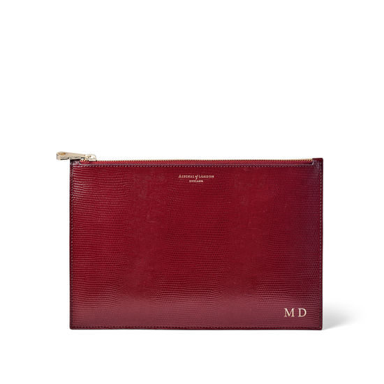 Large Essential Flat Pouch in Bordeaux Silk Lizard from Aspinal of London