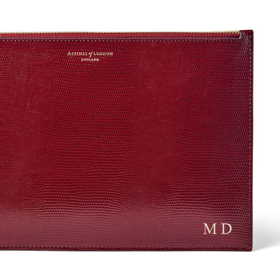 Large Essential Flat Pouch in Bordeaux Silk Lizard from Aspinal of London