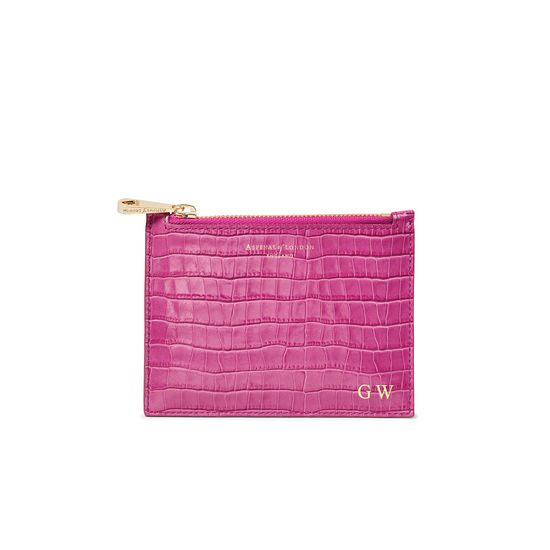 Small Essential Flat Pouch in Deep Shine Hibiscus Small Croc from Aspinal of London