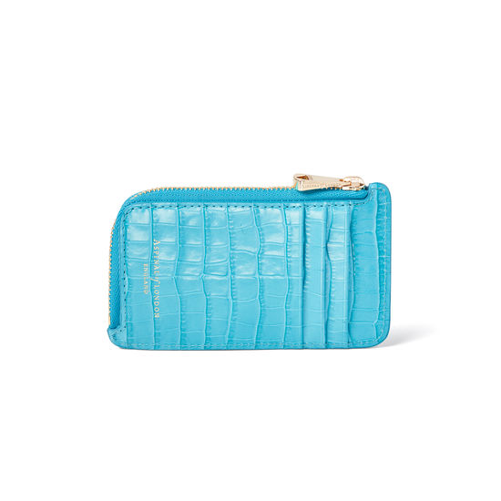 Zipped Coin & Card Holder in Deep Shine Aqua Small Croc from Aspinal of London