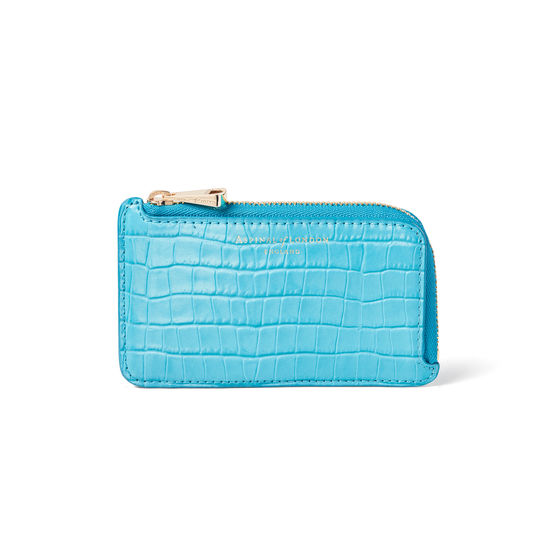Zipped Coin & Card Holder in Deep Shine Aqua Small Croc from Aspinal of London
