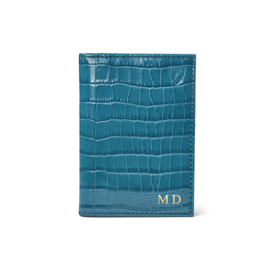 Double Fold Credit Card Case in Deep Shine Topaz Small Croc from Aspinal of London
