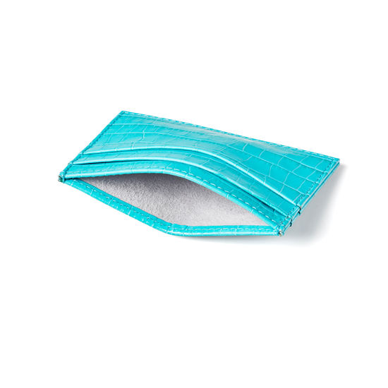 Slim Credit Card Case in Deep Shine Aqua Small Croc from Aspinal of London