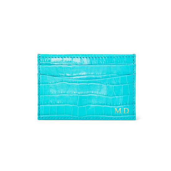 Slim Credit Card Case in Deep Shine Aqua Small Croc from Aspinal of London