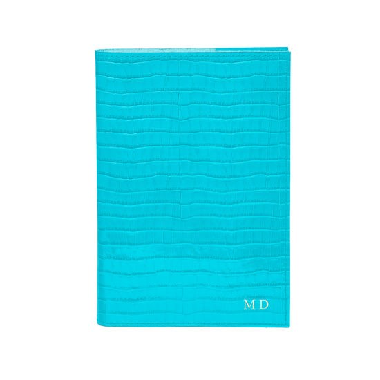A5 Refillable Leather Journal in Deep Shine Aqua Small Croc from Aspinal of London