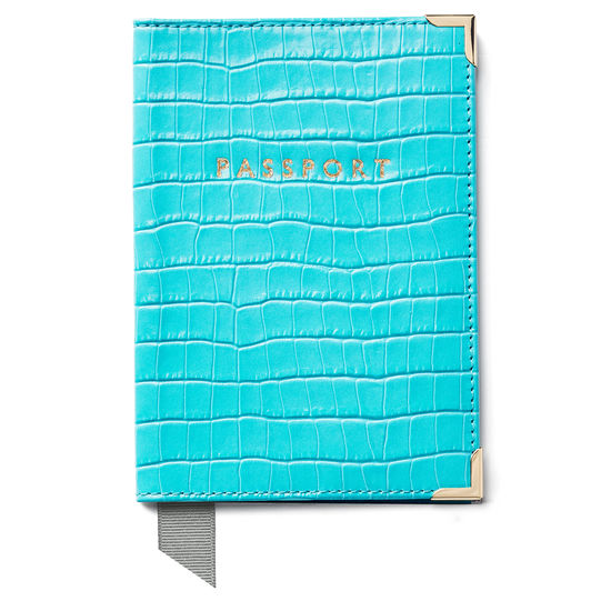 Passport Cover in Deep Shine Aqua Small Croc from Aspinal of London