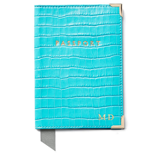 Passport Cover in Deep Shine Aqua Small Croc from Aspinal of London