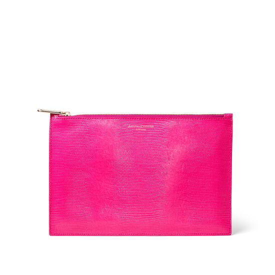 Large Essential Flat Pouch in Penelope Pink Silk Lizard from Aspinal of London