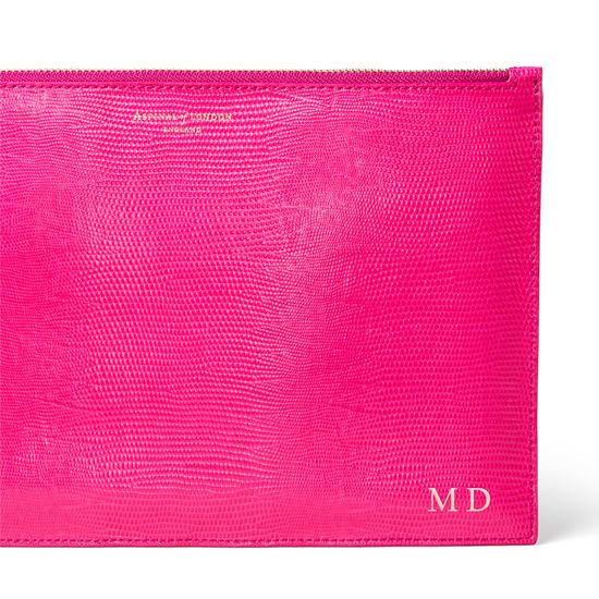 Large Essential Flat Pouch in Penelope Pink Silk Lizard from Aspinal of London