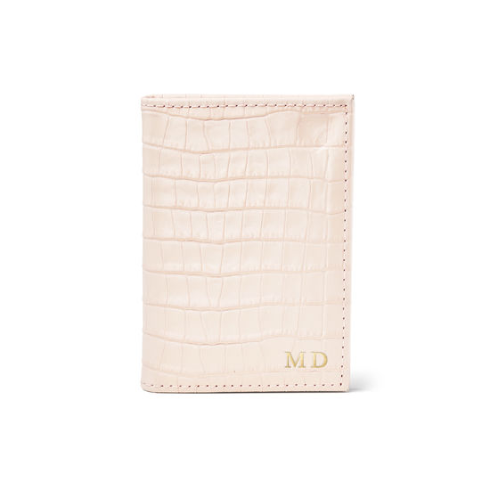 Double Fold Credit Card Case in Deep Shine Shell Pink Small Croc from Aspinal of London