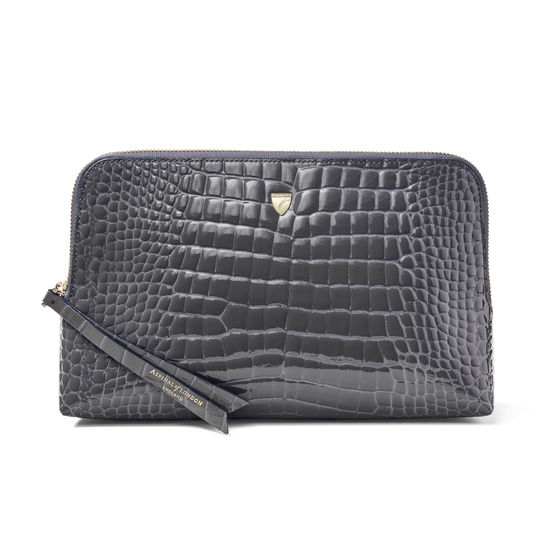 Large Essential Cosmetic Case in Storm Patent Croc from Aspinal of London