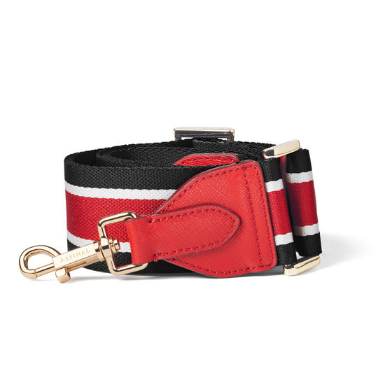 Webbing Bag Strap in Scarlett Saffiano with Red, Black & White Stripes from Aspinal of London